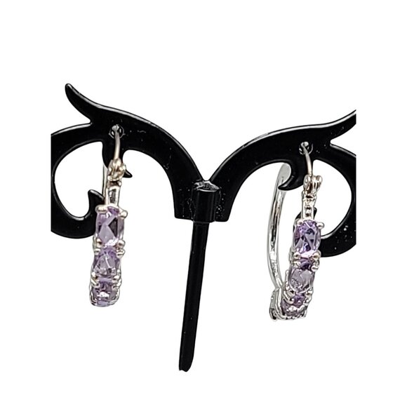 Lavender Crystal Hoop Earrings Latch Closure Silver Tone Purple Rough Stones - Picture 2 of 9